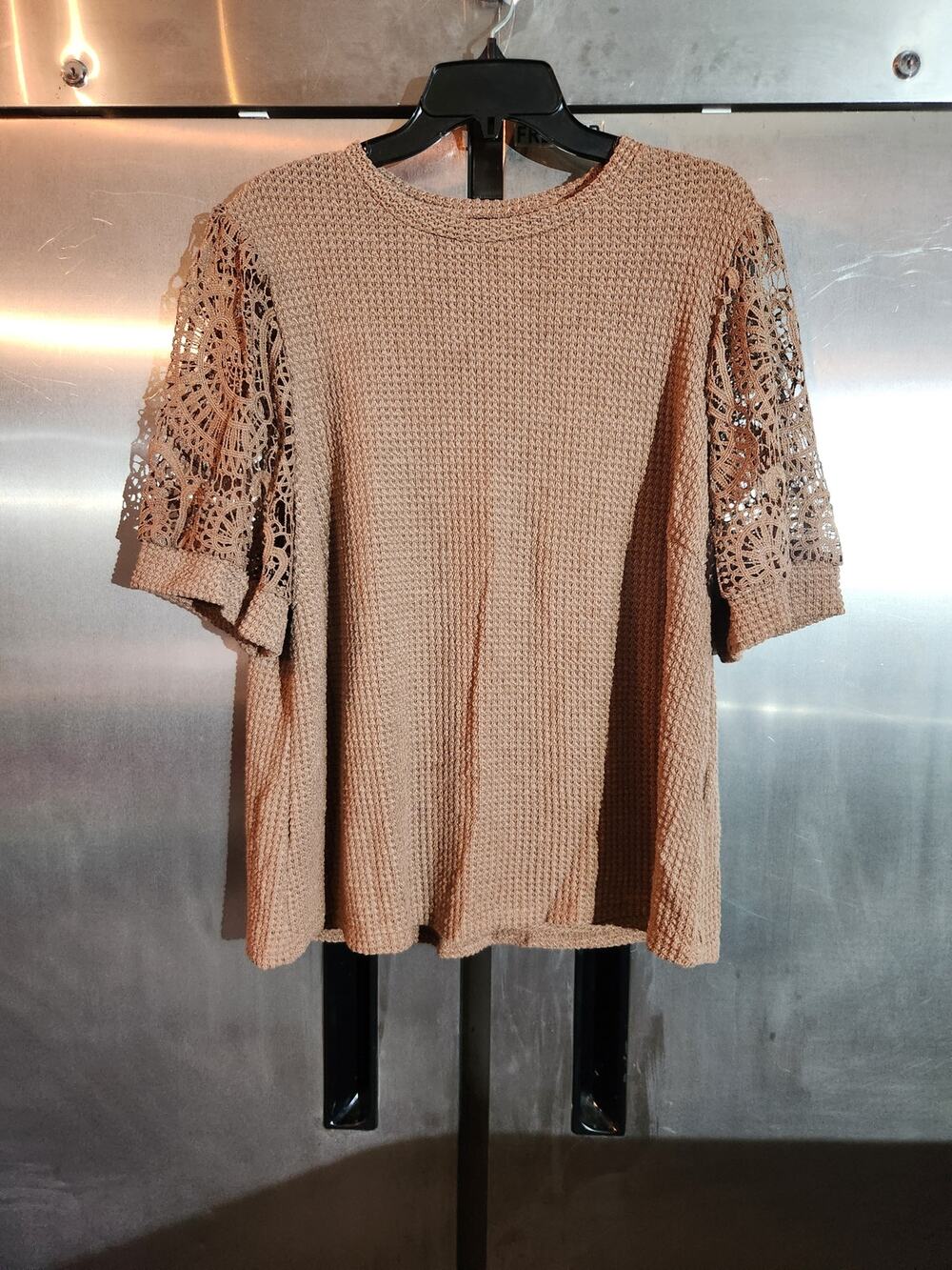 Shein Curve Tan Waffle Knit Crochet Sleeve Top Size 1XL